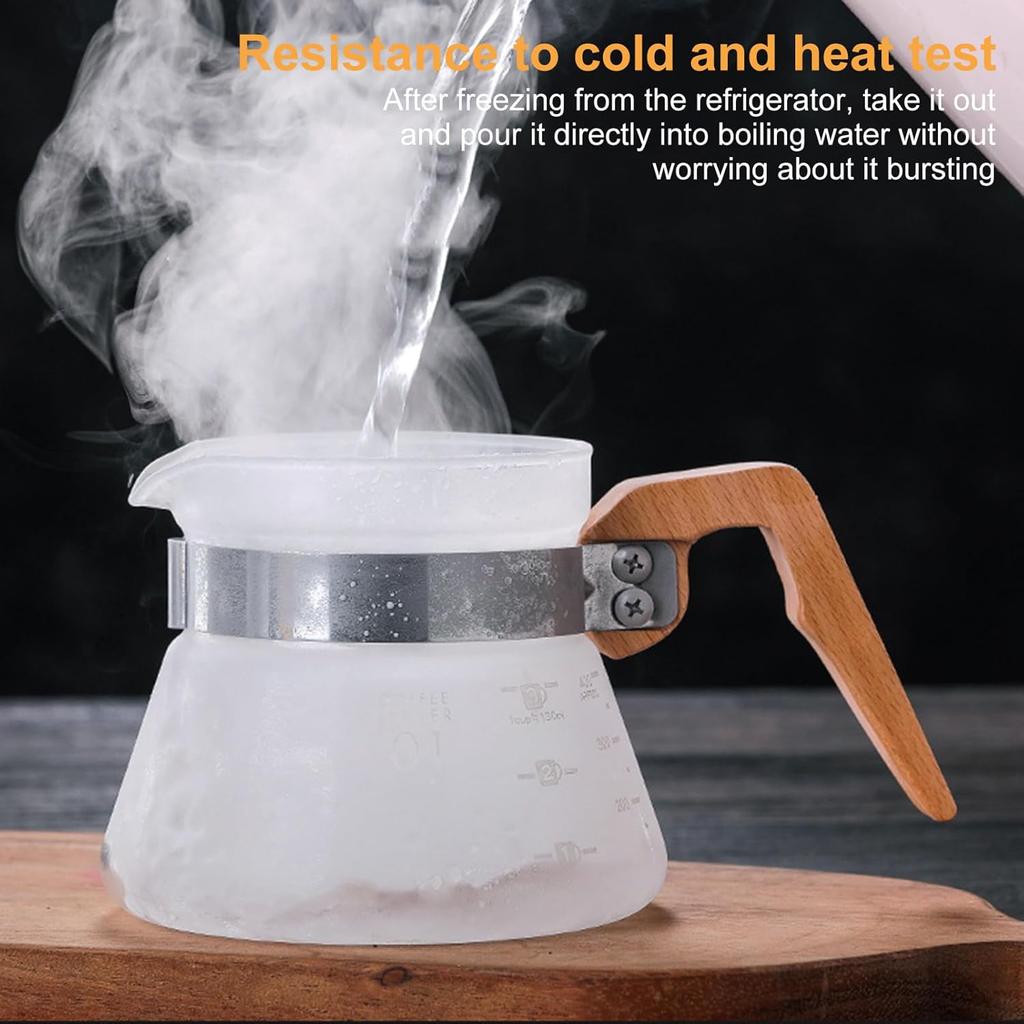 Glass Carafe Coffee, High Borosilicate Glass Coffee Pot V-Shaped Outlet Heatproof Mug Wooden Measuring Cups Coffee Carafe (600ml)