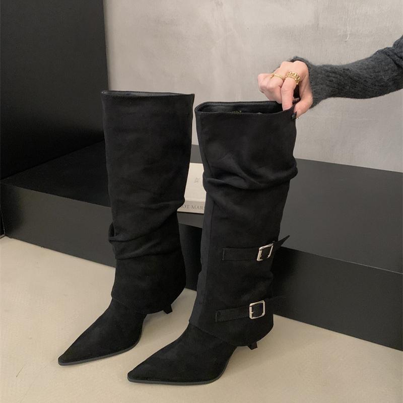 Fashion Street Style Pointed Toe Women Knee-High Boots Fashion Button Combination Splicing Thin High Heels Long Booties