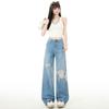 Spring Summer Full Star Rhinestone High Waist Lace Ripped Ins Y2K Trend Floor Drape Denim Pants Ladies Casual Pants Oversize Denim Trousers