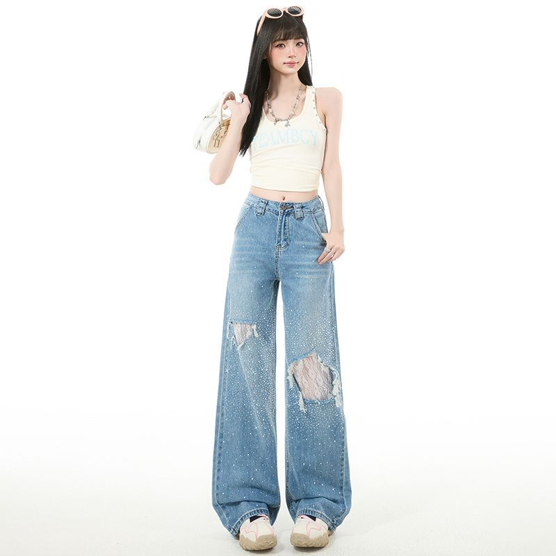 Spring Summer Full Star Rhinestone High Waist Lace Ripped Ins Y2K Trend Floor Drape Denim Pants Ladies Casual Pants Oversize Denim Trousers