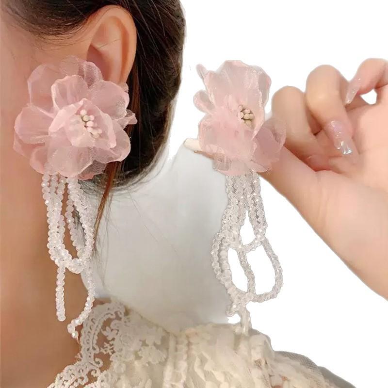 Super fairy sweet mesh flower fringed crystal long earrings women, silver needle small fresh earrings earrings