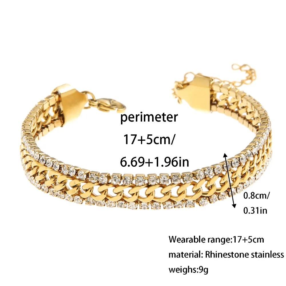 Trend Personality Stainless Steel Gold Color Shining Brightly Double-row Zircon Inlay Adjustable Bracelet for Women Jewelry Gift