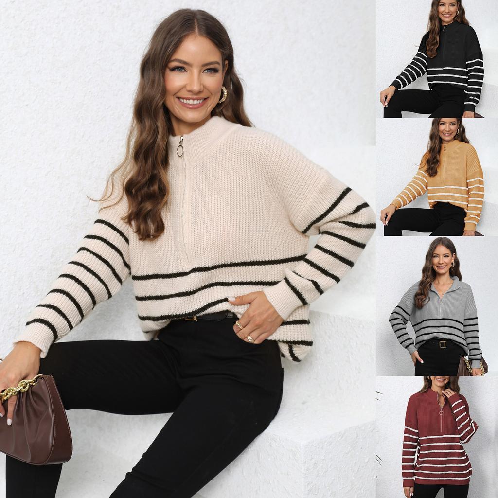 Women's pullover sweater European and American women's clothing knitted striped splicing semi-turtleneck zipper loose woven sweater top
