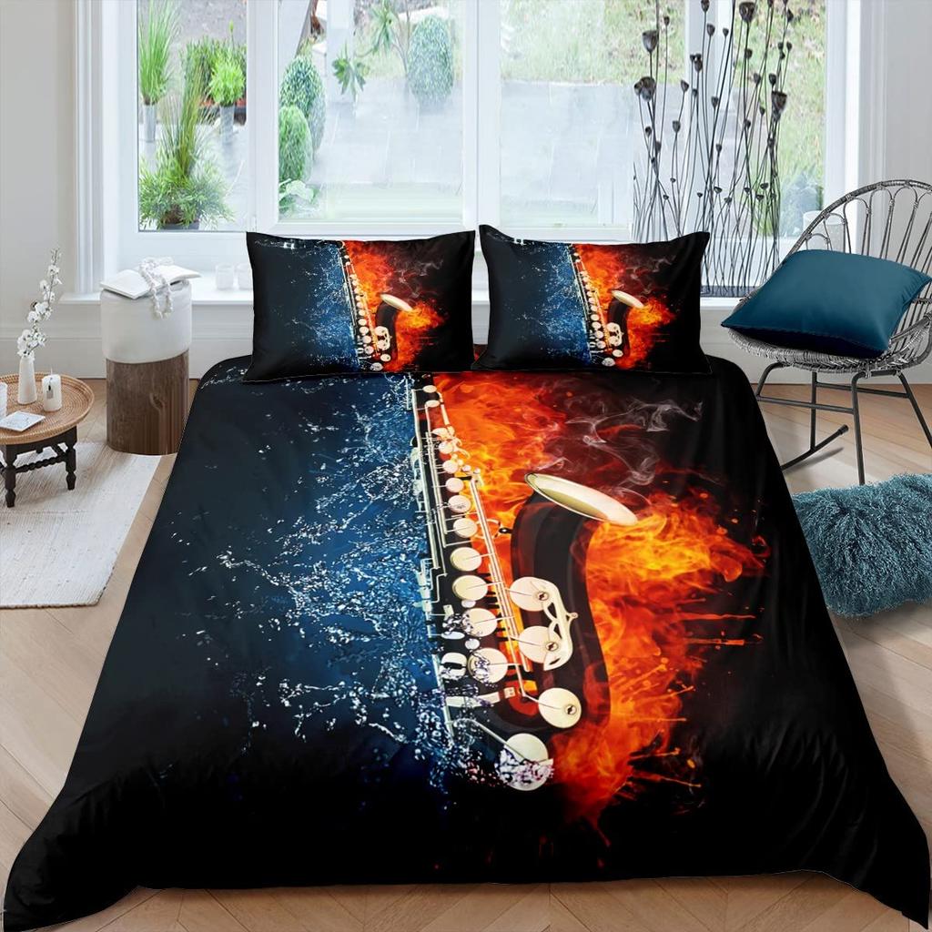 Saksofon Zestaw Poszewki na Kołdrę Obracające się Nuty Muzyczne Zestaw Pościeli Instrument Muzyczny Motyw Retro Muzyki Jazzowej Pojedyncza Poszwa na Kołdrę Dla Dzieci