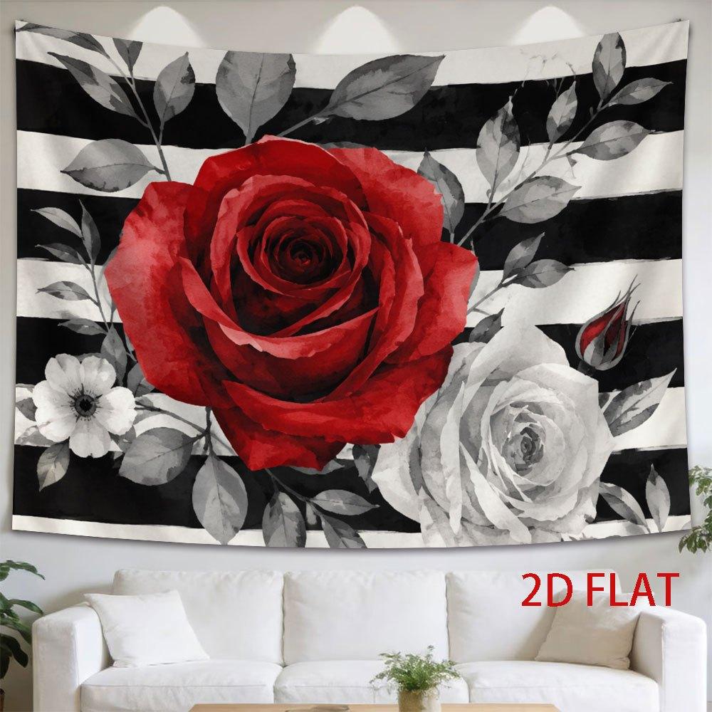 1pc Horizontal Red Rose Tapestry Suitable for Wall Decor - Elegant Floral Black & White Stripes with Rose, Modern Minimalist Hanging Art, Fabric for D