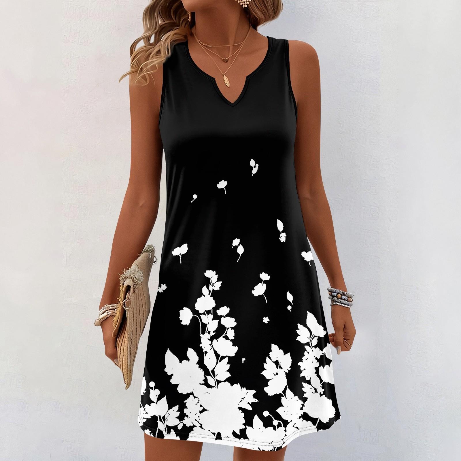 

Женские летние платья с V-образным вырезом и принтом без рукавов Сарафан Повседневное платье XXL чёрный