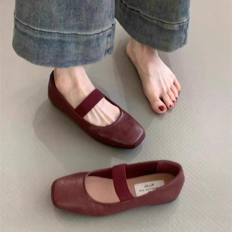 Vintage Mary Jane Shoes Women's Autumn New Flat Shoes Red Leather Shoes Ballet Grandma Ladyshoes