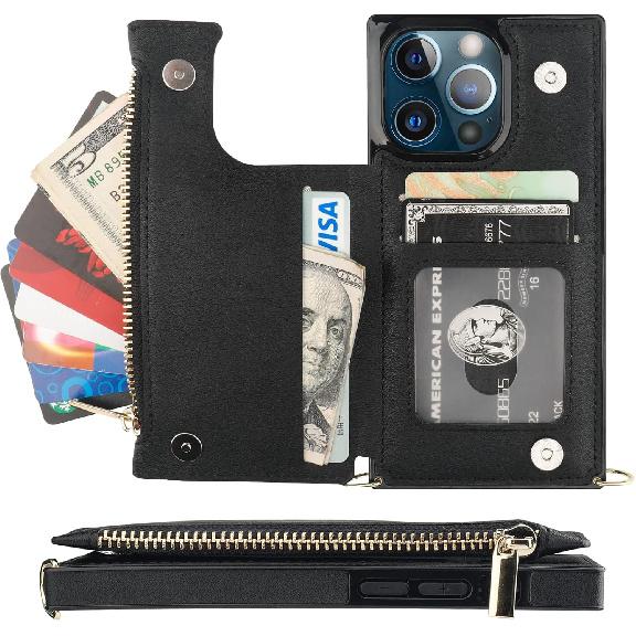 Bocasal Crossbody Wallet Case for iPhone 13 Pro with RFID Blocking Card Slot Holder, Magnetic Flip Folio Purse Case, PU Leather Zipper Handbag with