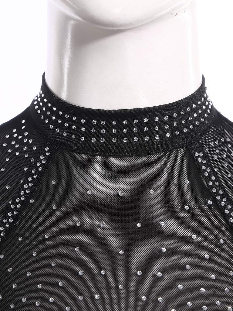 S-XXL Damen Performance Bodysuit: Rhinestone-Netz-Langarm mit Rückenausschnitt & Druckknöpfen im Schritt für Gymnastik, Eiskunstlauf