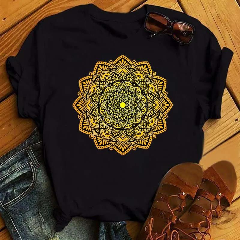 New Mandala Floral Printed T Shirt Women Casual Fashion T-shirt Loose Short Sleeve 90s Girls Aesthetics Black Tshirt Top