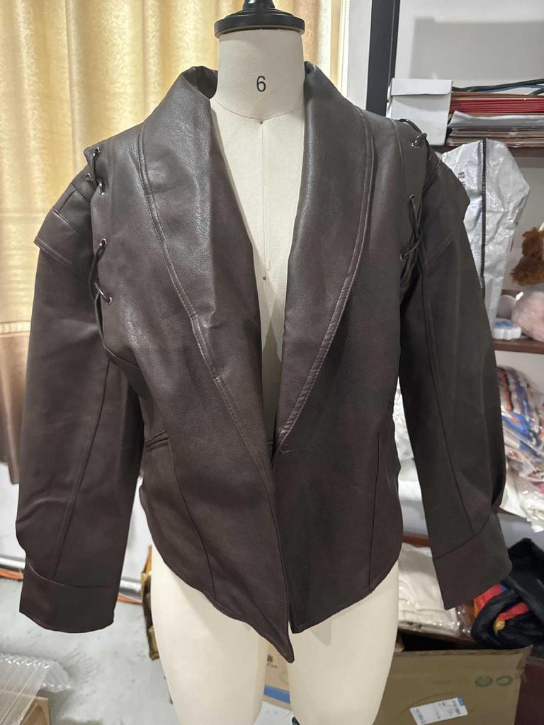 2024 Retro Lace-up Faux Leather Jacket with Lapel Shawl - Women's Casual Winter Fashion