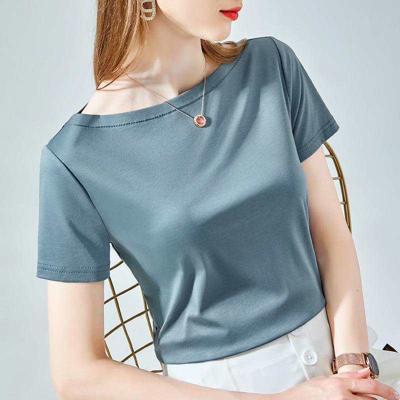 Ice-sensing Mercerated Cotton Short-sleeved T-shirt for Women's Summer New Women's One-shoulder Pure Cotton T-shirt Waist Top