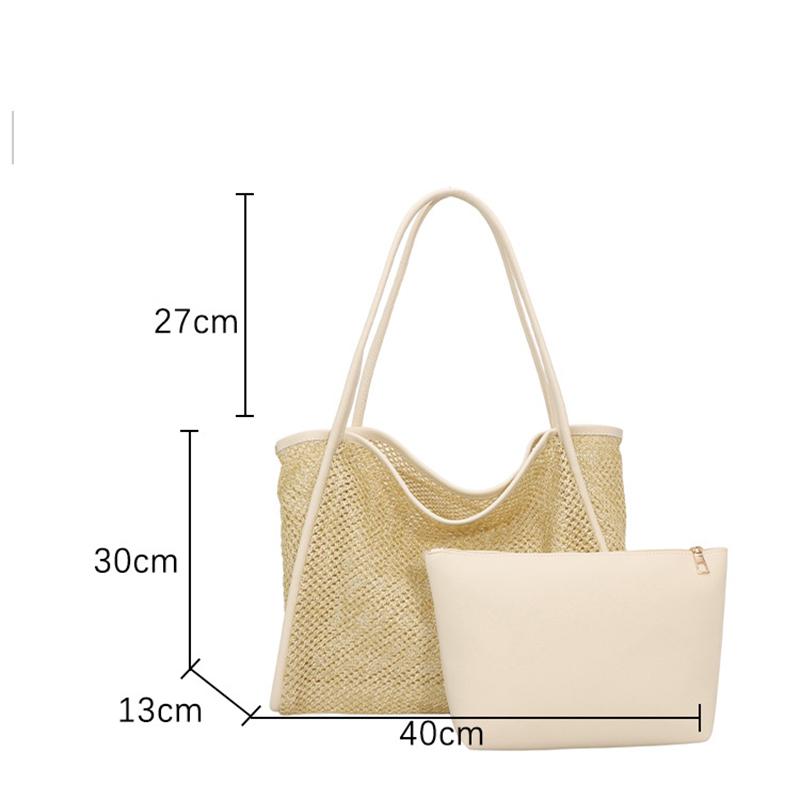 Large Capacity Beach Hollow Composite Tote Solid Color Leather Small Pouch Straw Woven Shoulder Bag Lightweight Polyester