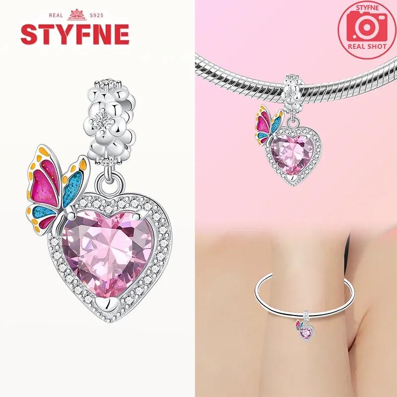 Copper Pink Heart Charm Gift Butterfly Beads Shiny Zircon Fit Original Bracelets Diy Charm For Women Gifts Fine Jewelry