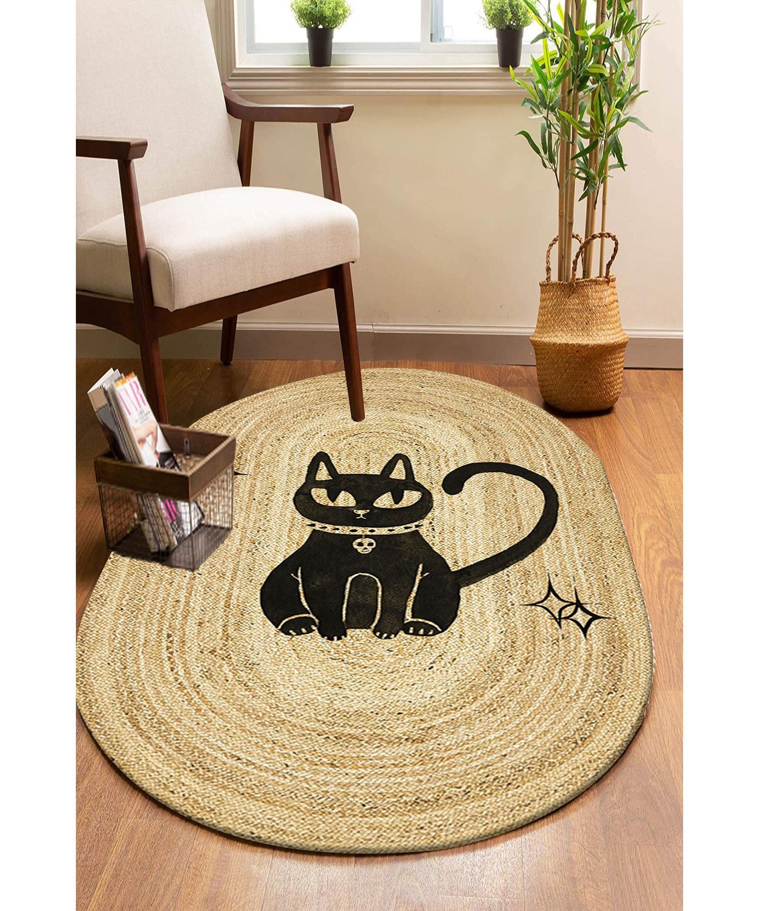 

Симпатичный кошачий узор Овальный вязаный декоративный джутовый коврик Соломенный ковер Jut-4025