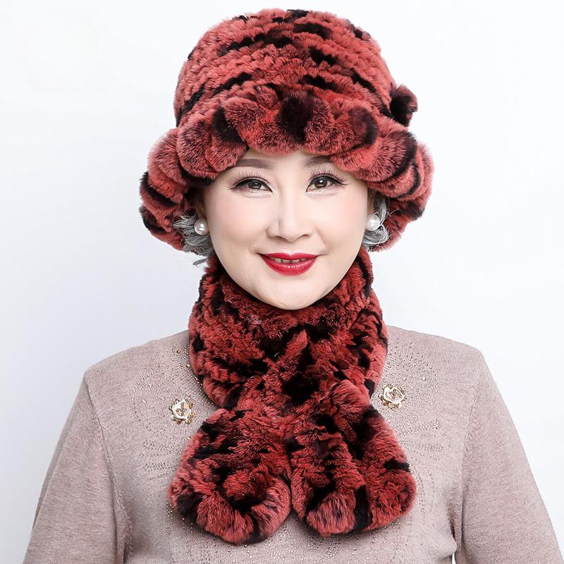 Rex Rabbit Hair Hat Children's New Mother Hat Winter Warm Korean Version Grandma Hat Scarf Middle and Old Age Hat Scarf