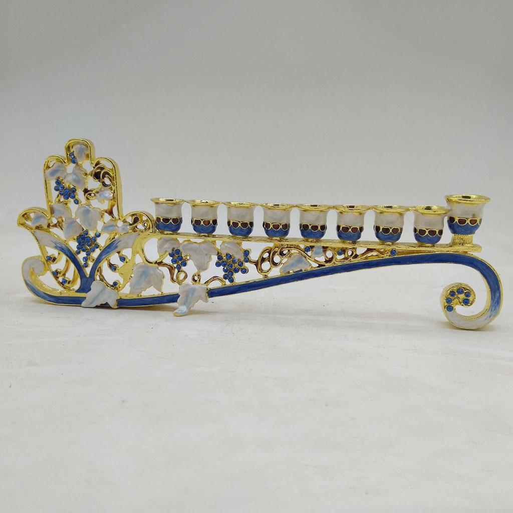 Hand Painted Enamel Floral Hanukkah Menorah Candlestick 9 Branch Candelabra Embellished with Crystals Home Decor