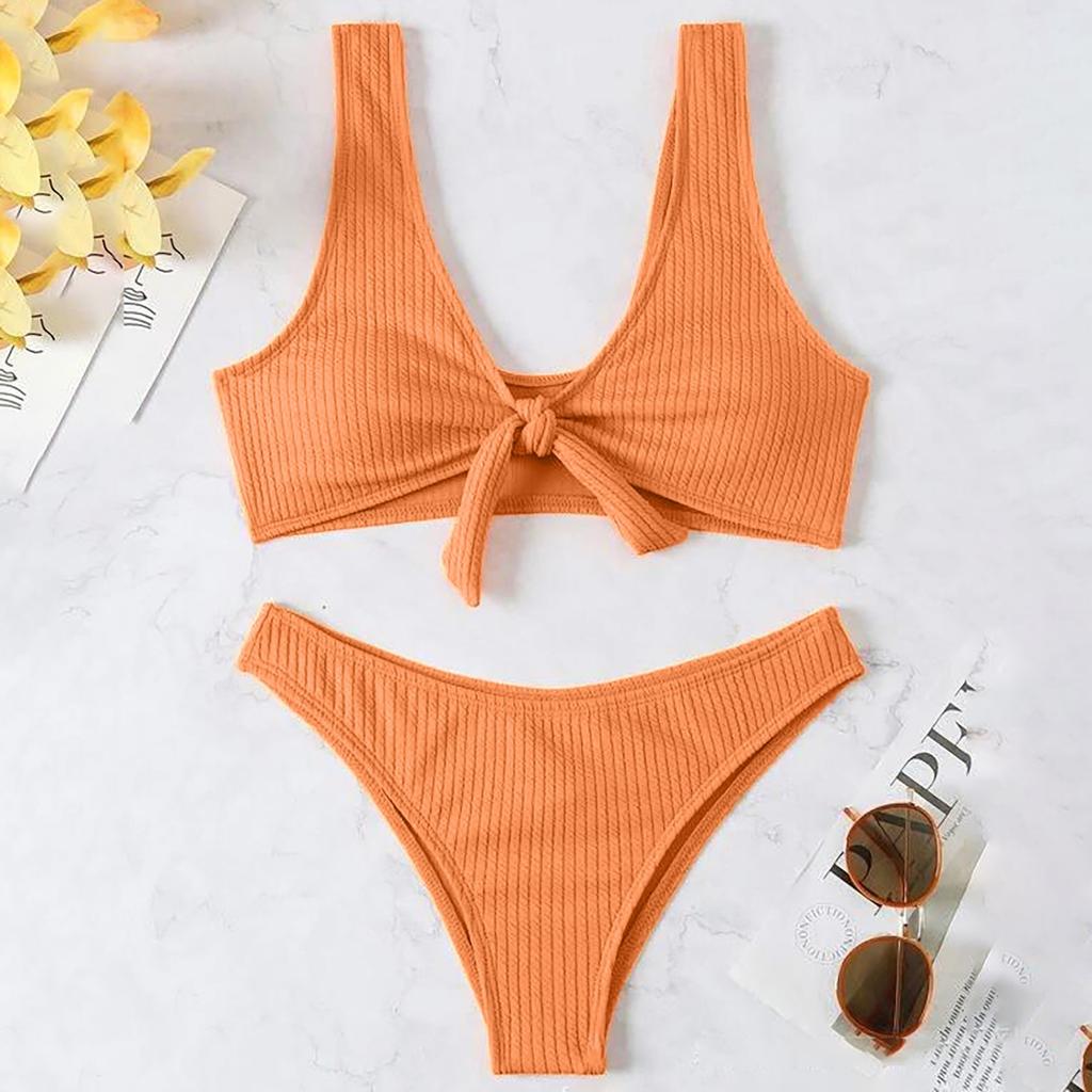 Women's Summer Fashion Sexy Solid Color  Waist  Bowknot Vest Bikini Swimsuit Set