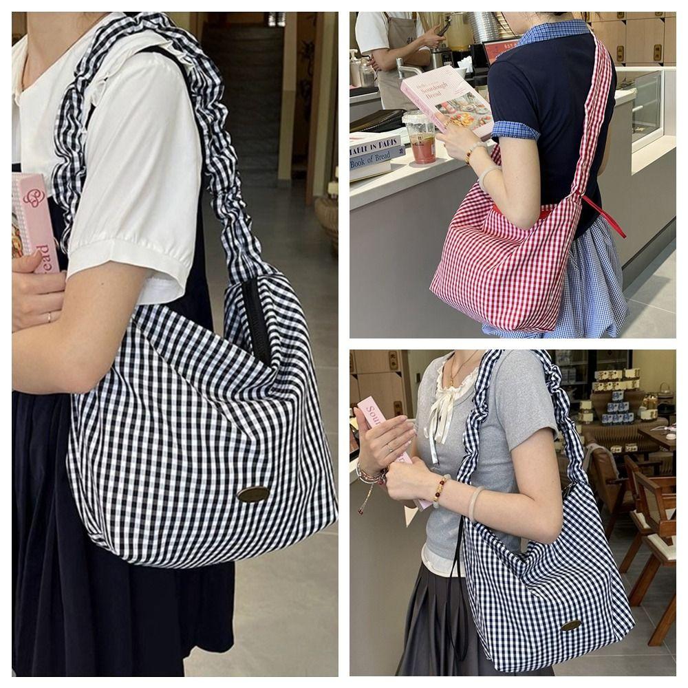 Drawstring Canvas Crossbody Bag Y2k Underarm Bag Fashion Plaid Shoulder Bag Women