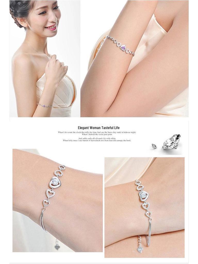 Zhenrong 925 Silver Heart Bracelet with Purple & White Diamonds