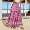 Spódnica plażowa Elastyczna z wysokim stanem Rozkloszowana Damska Spódnica Falbanka Łączenie Plisowana Szeroki Dół Kwiatowy Wzór Długa Spódnica Letnia Codzienne Ubranie