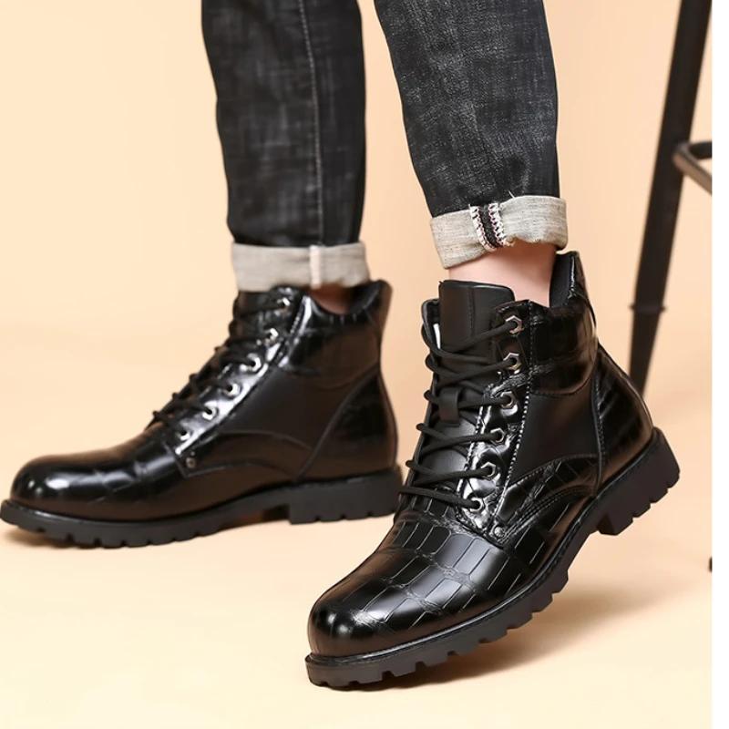 Stivali da uomo lucidi a metà polpaccio, allacciati alla moda, in pelle di coccodrillo, da uomo, con suola spessa, antiscivolo, stivaletti da motociclista, taglia grande, 38-46