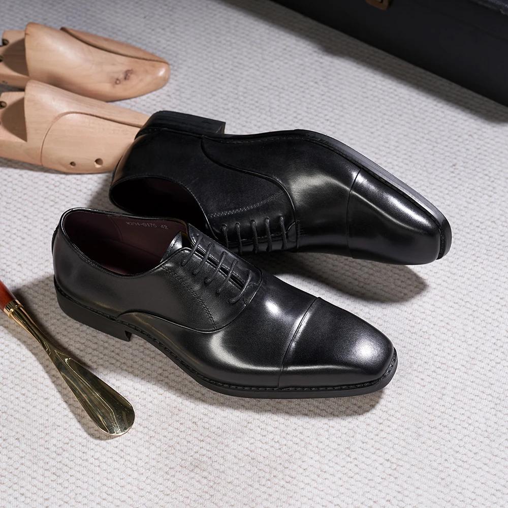 Fashion Men's Classic Lace-Up Oxfords Genuine Leather Luxury Office Shoes Solid Cap Toe Wedding Party Formal Dress Footwear for Men
