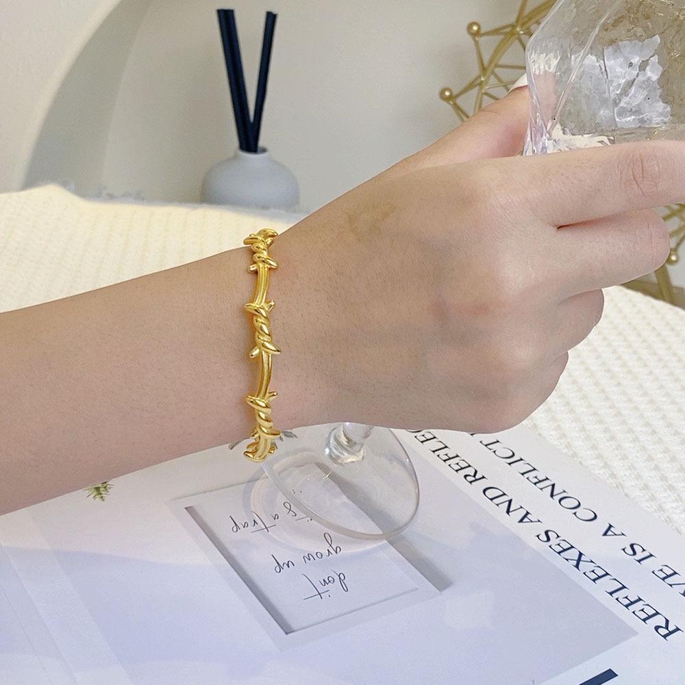European Stainless Steel Open Cuff Bracelet for Women, Hammer Texture or Thorn Pattern Design, Light Luxury Style.