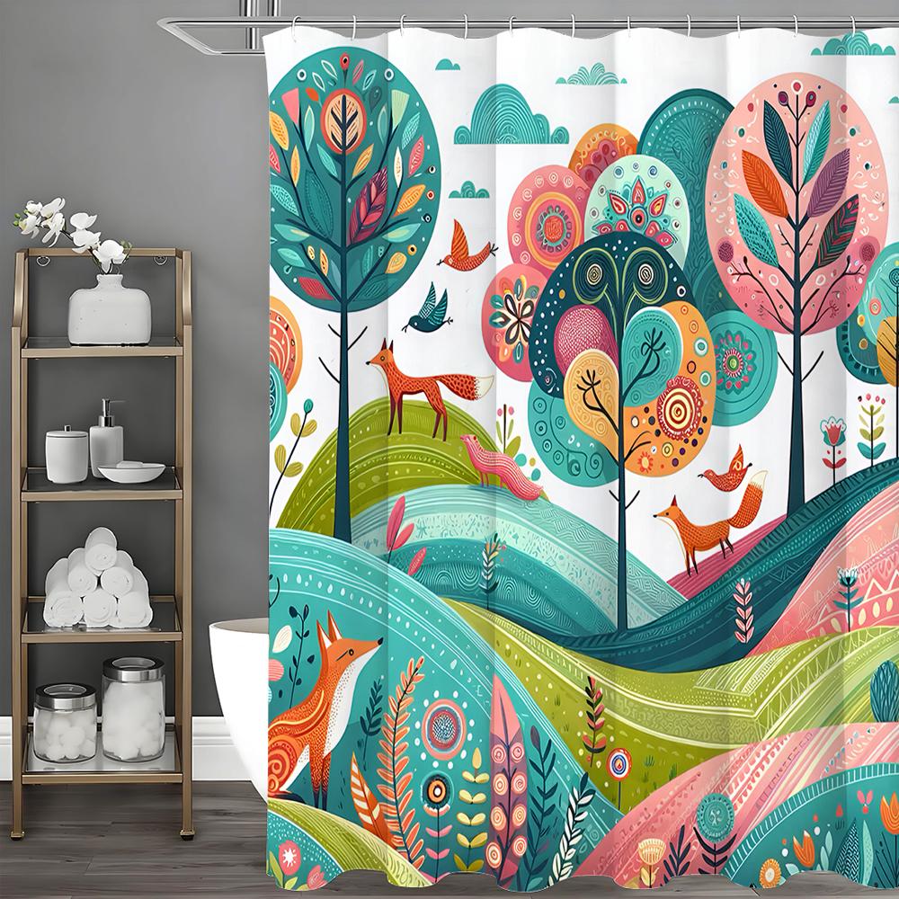 

Cartoon illustration mountains and trees fox birds flowers and plants shower curtain, bathroom decorative shower curtain, waterp 90*180cm