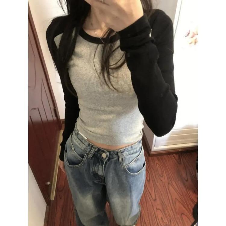 Vintage Shoulder Color Matching Long Sleeve Women Top Spring Autumn Inner Wear Short Bottoming Shirt