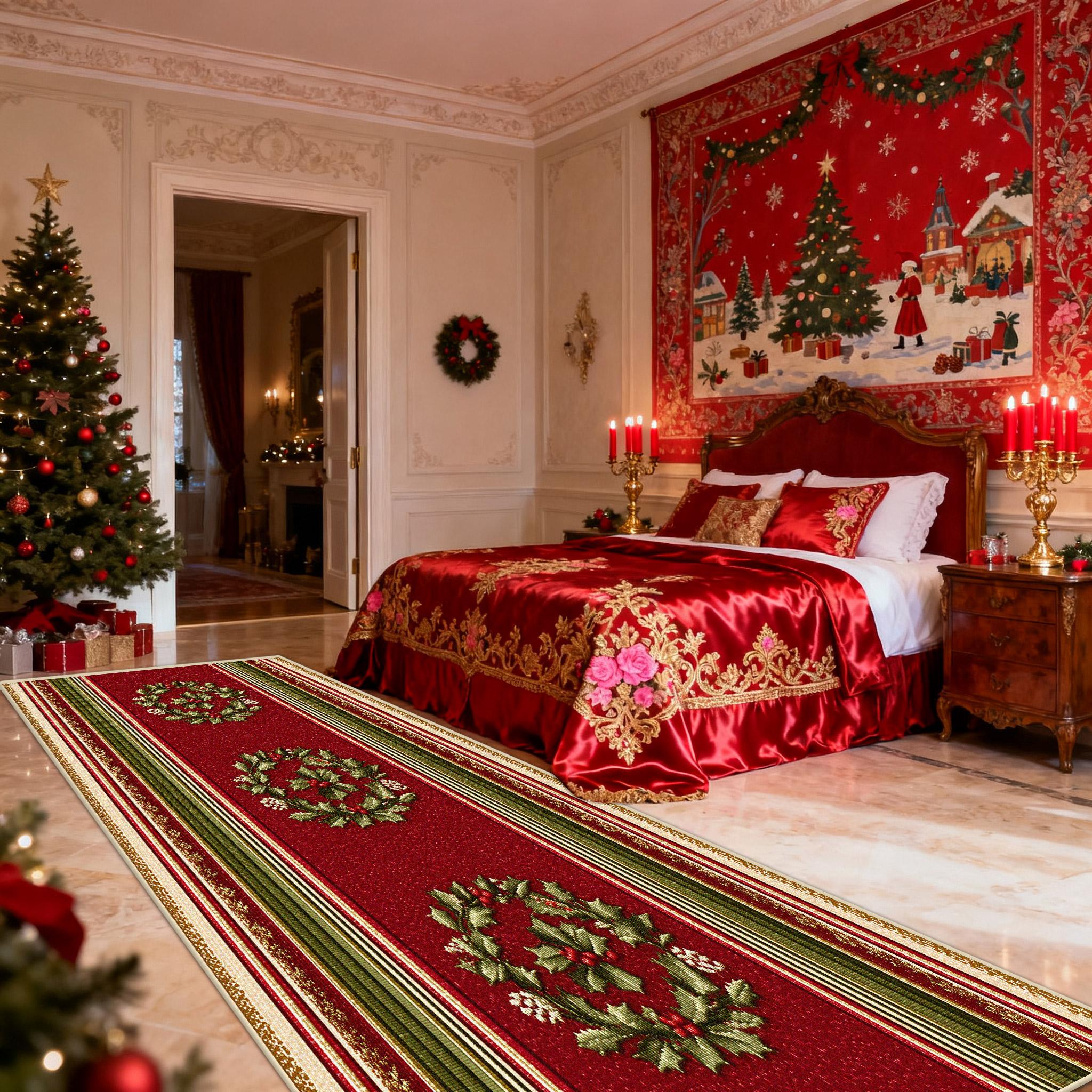 

Red Green Christma Style Long Runners Carpet Bedroom Bed End Decoration Non-slip Rugs Christmas Tree Gift Box Corridor Floor Mat 60x200cm