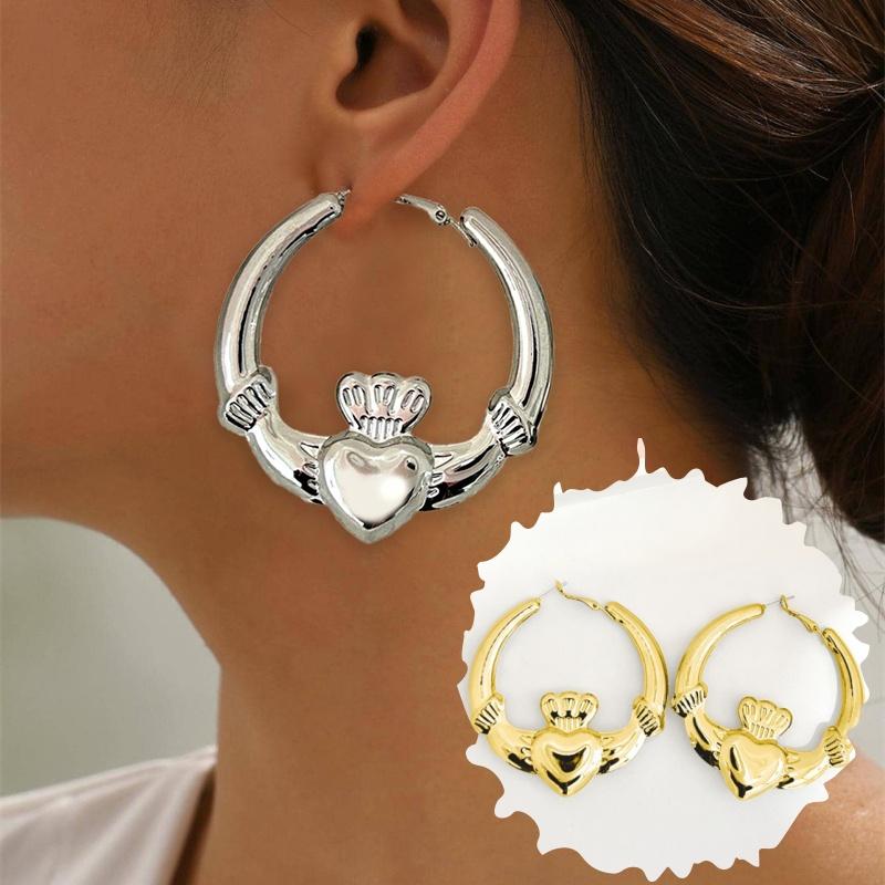 Große, klobige Claddagh-Creolen für Damen Starke Herzohrringe Valentinstagsgeschenk Süßer Statement-Schmuck Neu 2025