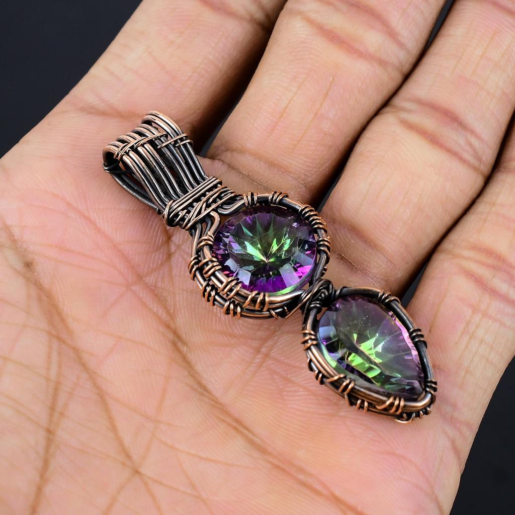 Rainbow Mystic Topaz Pendant, 999 Copper Wire Wrapped Gemstone Jewelry, Handmade Pendant, For Thanksgiving