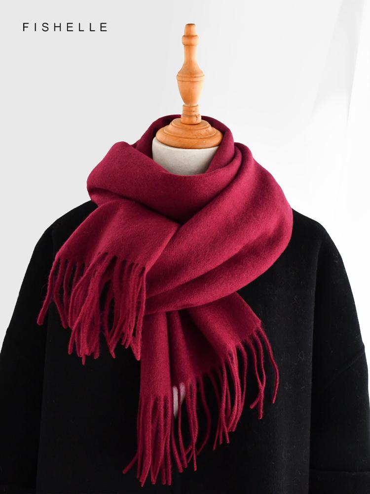 Wine red pure 100% wool scarf for women's thin warm shawl winter solid color claret lady scarves luxury gifts