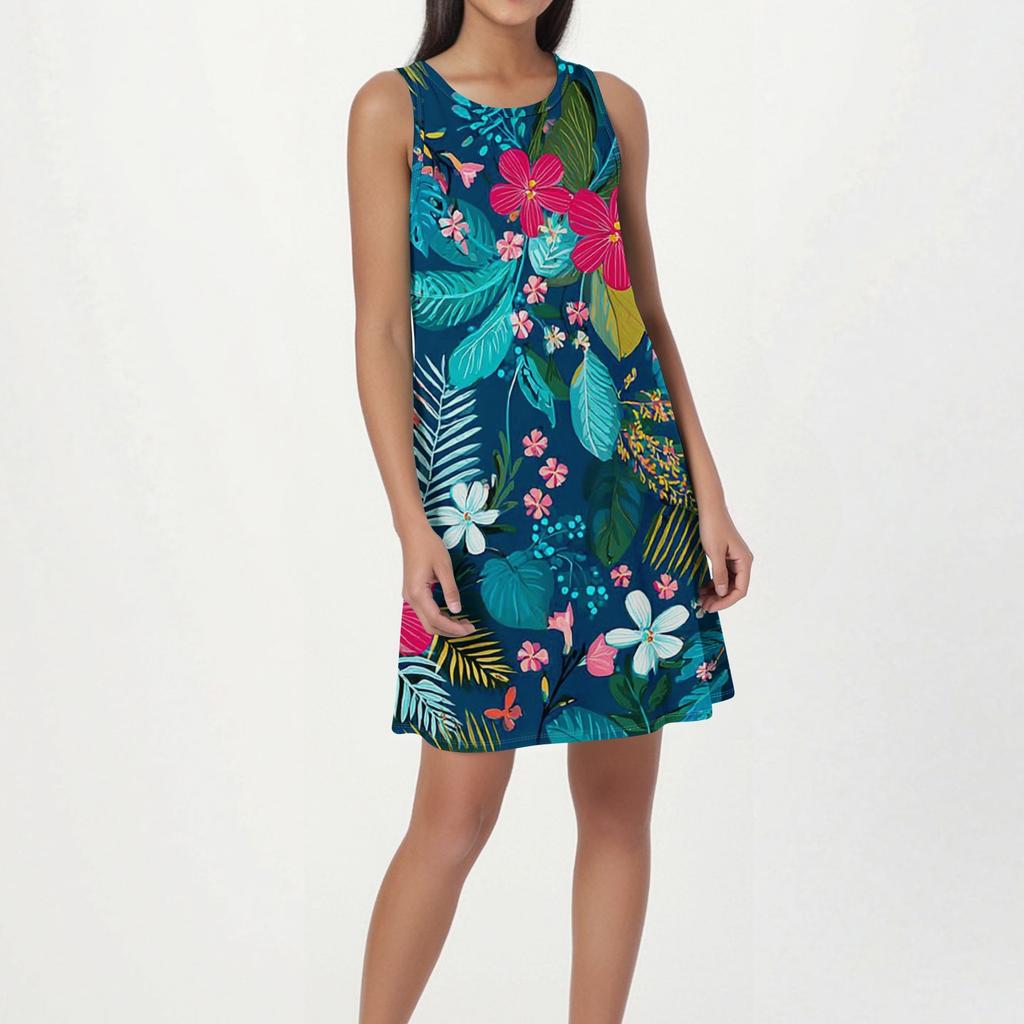 Women's Fashion Beach Dress Sleeveless Round Neck Floral Print Dress