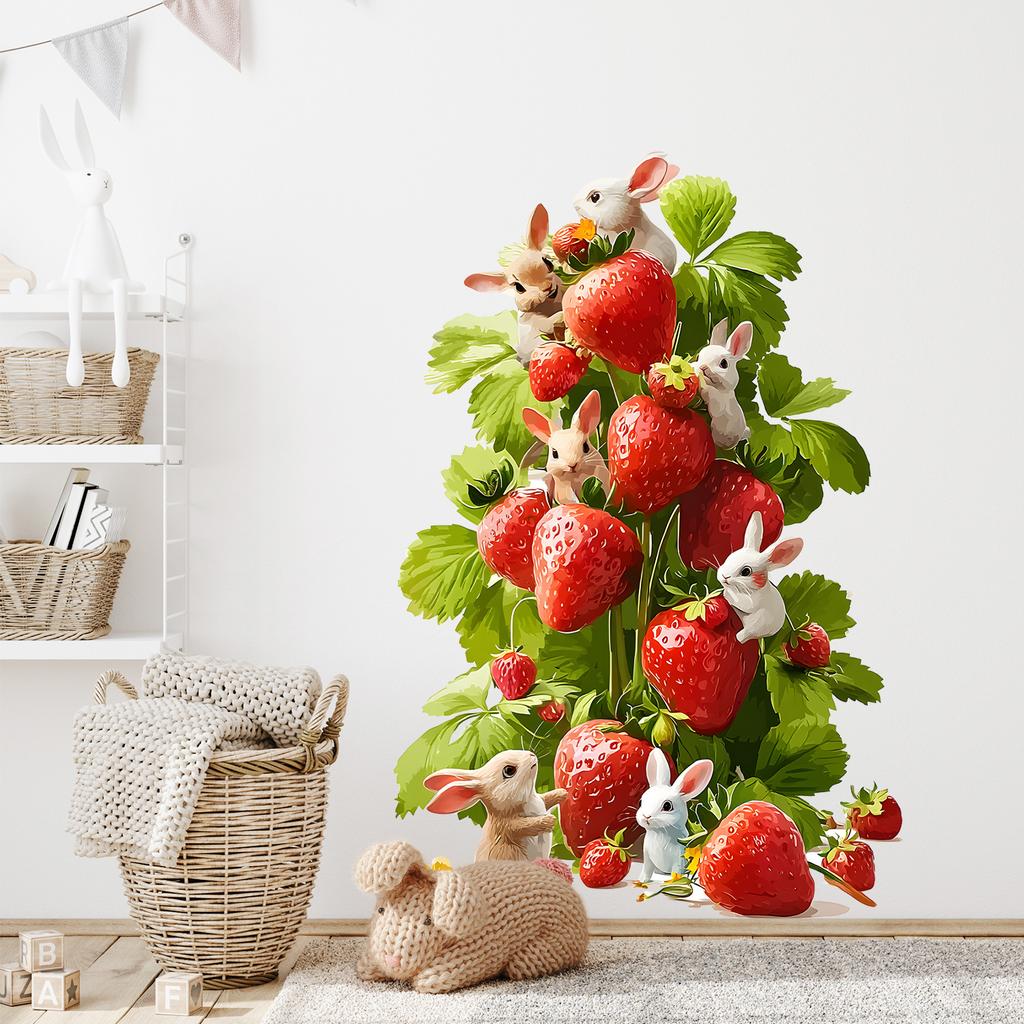 Cute Rabbit Strawberry Tree Wall Sticker Cartoon Creative Self-Adhesive Removable Kitchen Bedroom Home Decor Art