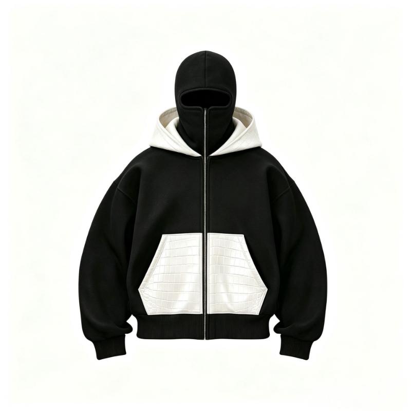 Hooded jacket, functional wind mask, hooded cardigan, black and white contrasting zipper sweatshirt
