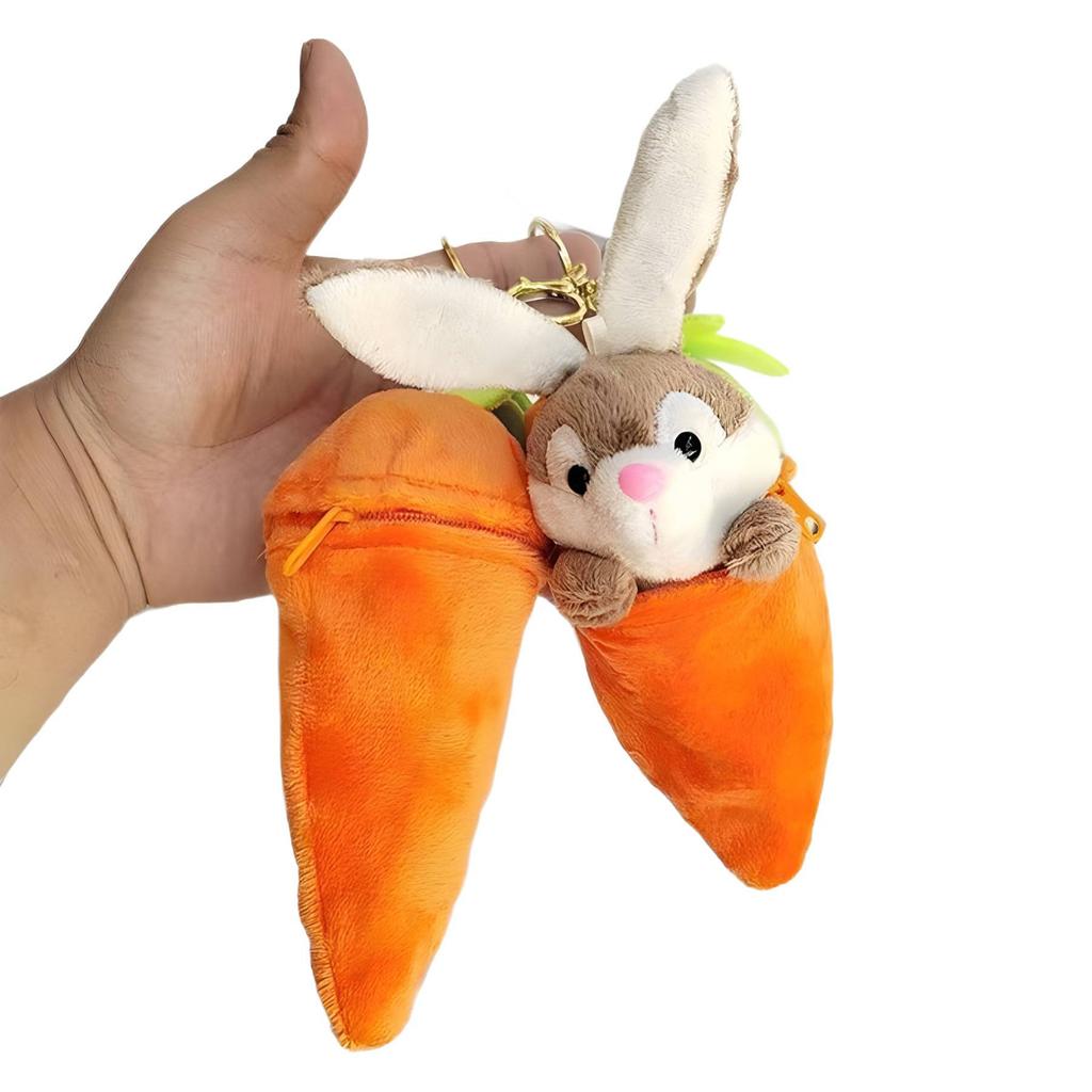 Kawaii Plush Carrot Keychain Bunny Hiding in Carrot with Zipper Pouch Cute Cartoon Animal Plush Toy for Bag Gift for Kids Adults