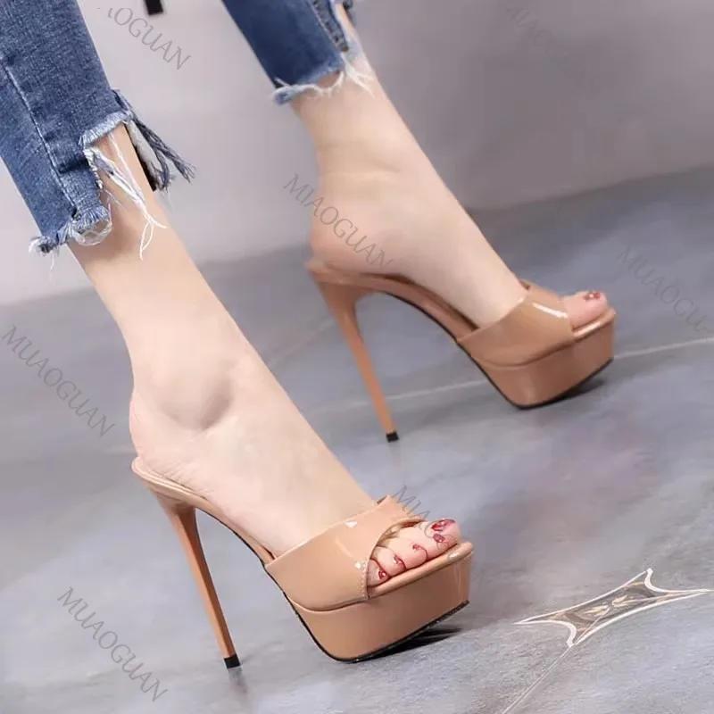 Fashion Women 12CM High Heels Outdoor Shallow Mouth Sandals 2025 New Summer Thick Platform Slippers Simple Style Slide Shoes For Woman