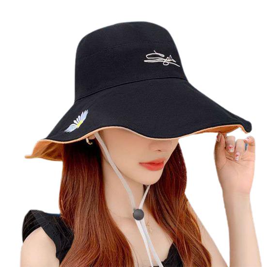 Women Summer Reversible Marguerite Embroidery Sun Protection Hat Fisherman Cap