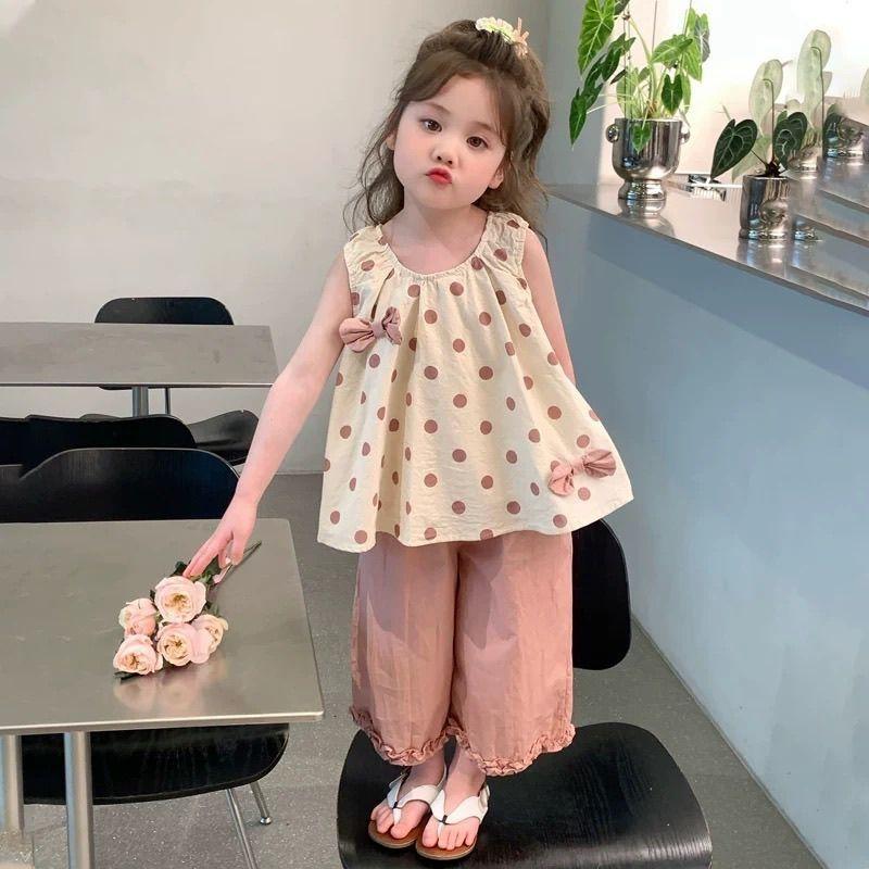 Summer Girls Cotton Polka Dot Bow Vest And Wide Leg Pants Two Piece Set 90