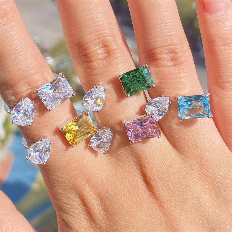 ZAKOL Luxury Square Water Drop AAA Cubic Zirconia Open Rings for Women Clear Pink Green CZ Engagement Wedding Party Zircon
