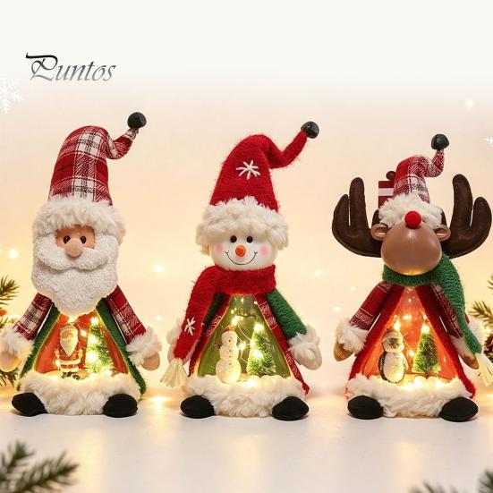 Plush Santa Claus Figurines Lighted Christmas Doll Decoration, Cute Claus/Snowman/Reindeer Figurine with Table Decorations Warm LED Light for Tabletop
