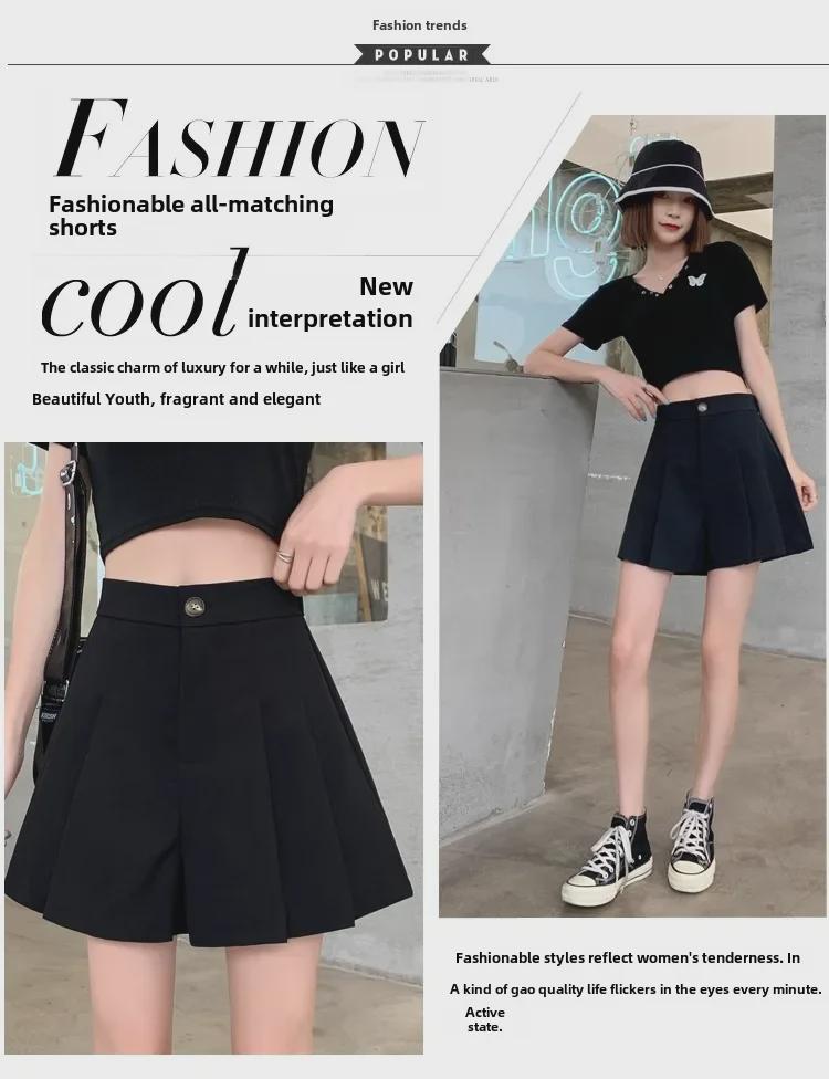 Large Black High-Waist Pleated A-Line Wide-Leg Shorts for Women