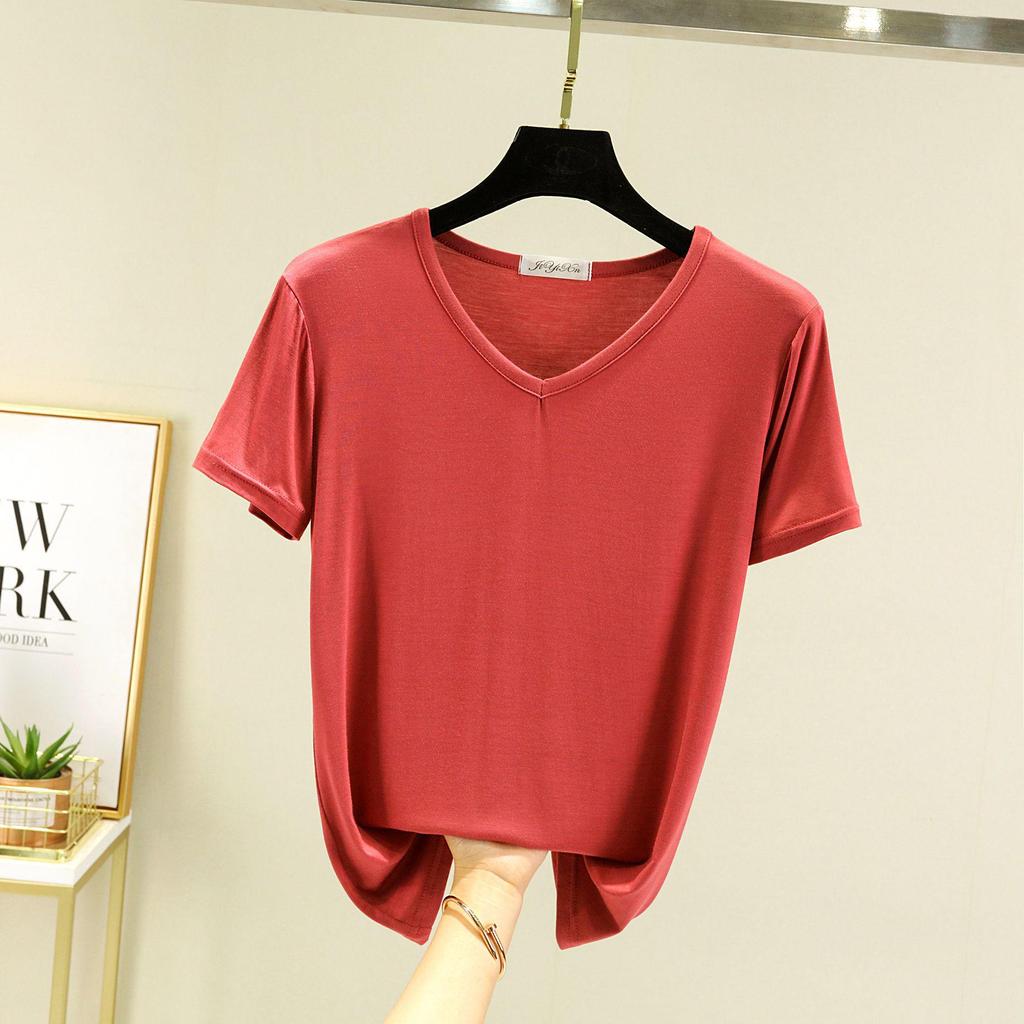 Women's Short-Sleeve Modal V-Neck White Ice Silk Loose T-Shirt