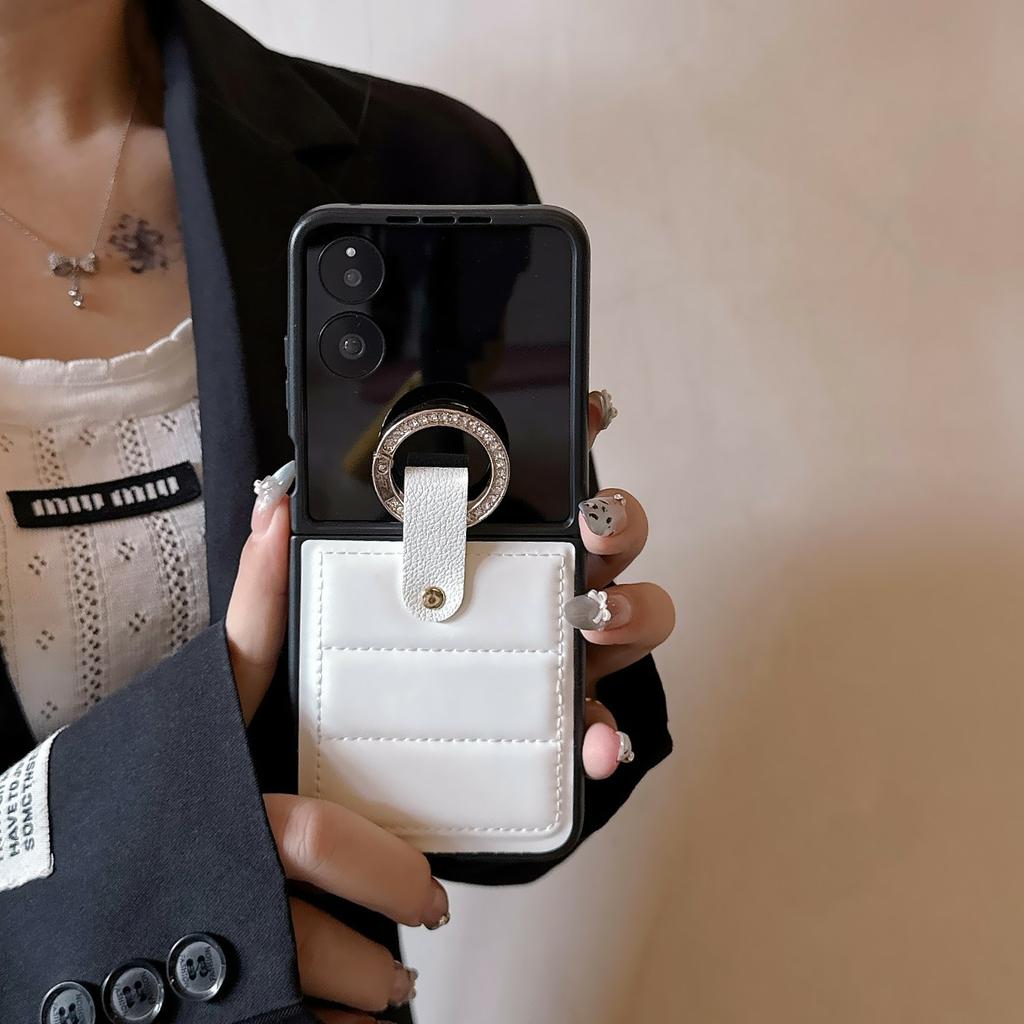 For Xiaomi Mix Flip 2 Case Case Down Jacket Style Rhinestone Decor Ring Holder Leather Coated PC Phone Cover