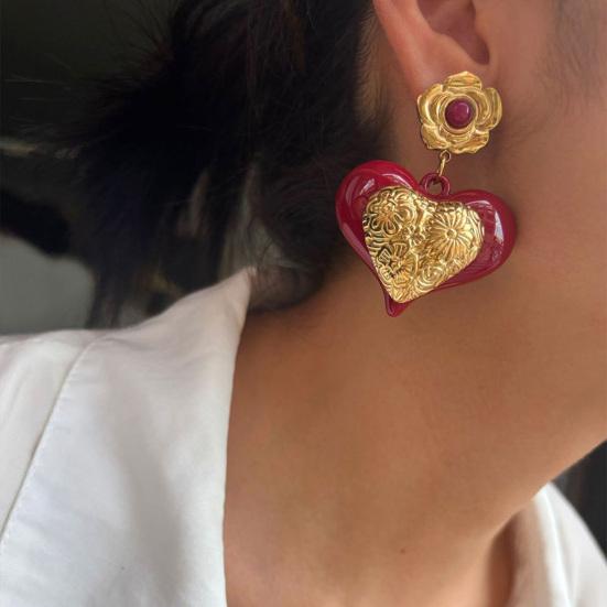 Red Heart Dangle Earrings Love Heart Dangle Drop Earrings with Flowers Women Hypoallergenic Artistic Earrings for Dating Party