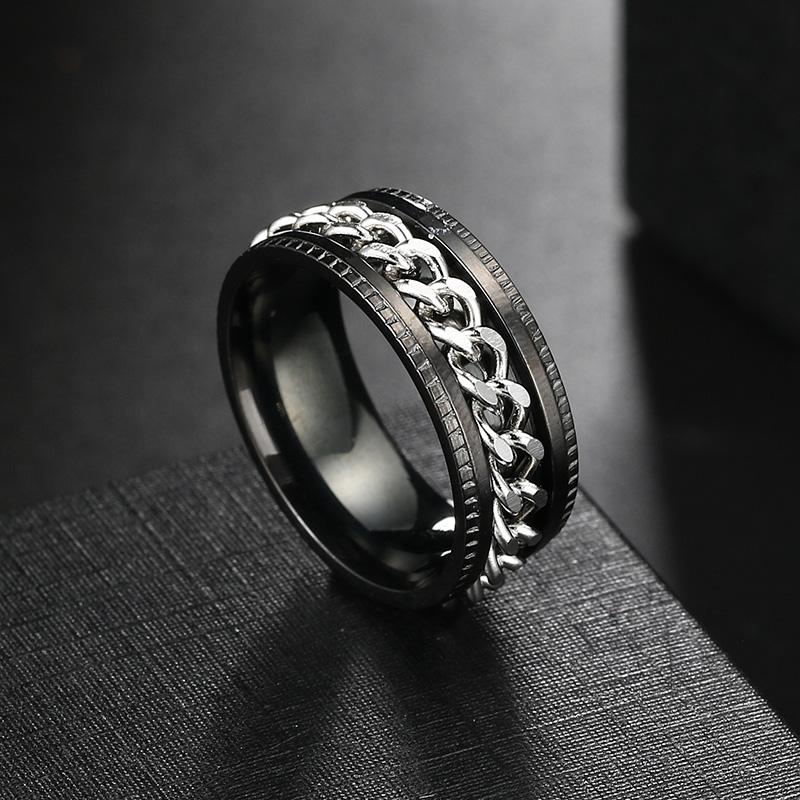 Anxiety Fidget Ring For Men Punk Titanium Stainless Steel Black Blue Spinning Spinner Rotatable Chain Rotating Rings Homme Gift