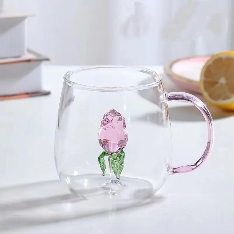 Creative Rose Shape Glass Kettle with Handle Transparent Household Water Glass Milk Breakfast Cup Teapot Glass Kettle 301-400ml
