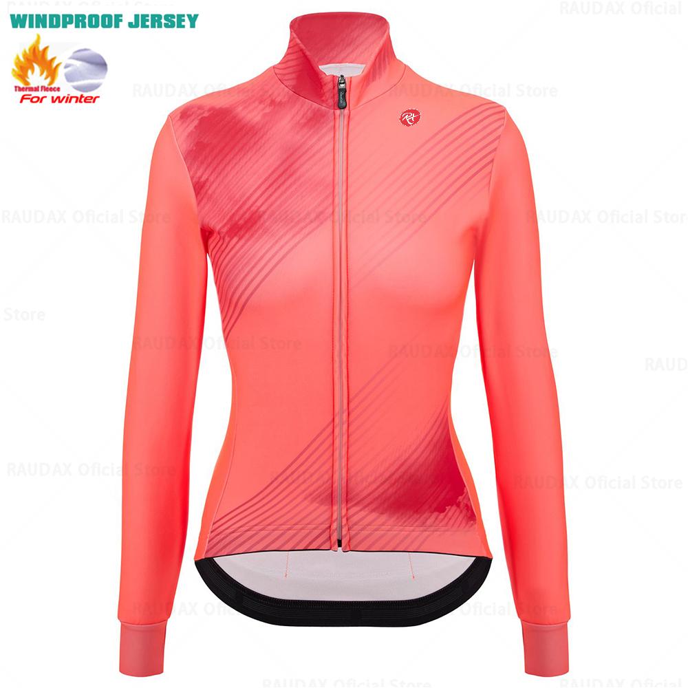 

2025 Raudax Women Long Sleeve Jersey Pure Dye Coral Winter Cycling Clothing Outdoor Riding MTB Ropa Ciclismo Velveteen Bike Set M